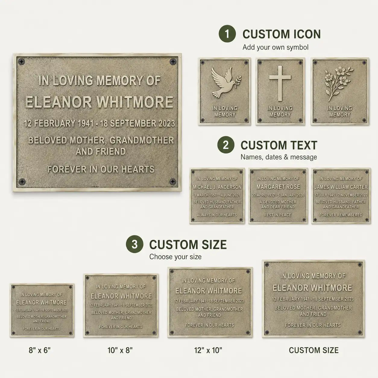 Handcrafted Brass House Number Plaque infographic with personalized text, raised numbers and custom measurements.
