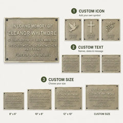 Handcrafted Brass House Number Plaque infographic with personalized text, raised numbers and custom measurements.