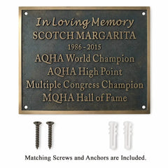 Personalized grave tribute plaque presented with installation hardware, including screws and wall anchors.