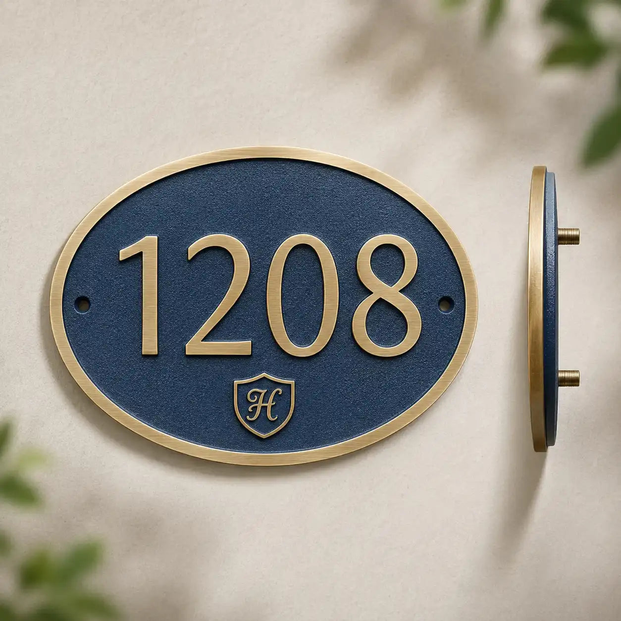 Oval brass door sign with custom house number and address engraving