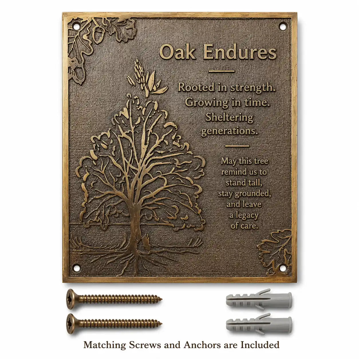 Cast Bronze Plaque and mounting kit featuring matching screws and durable wall anchors.