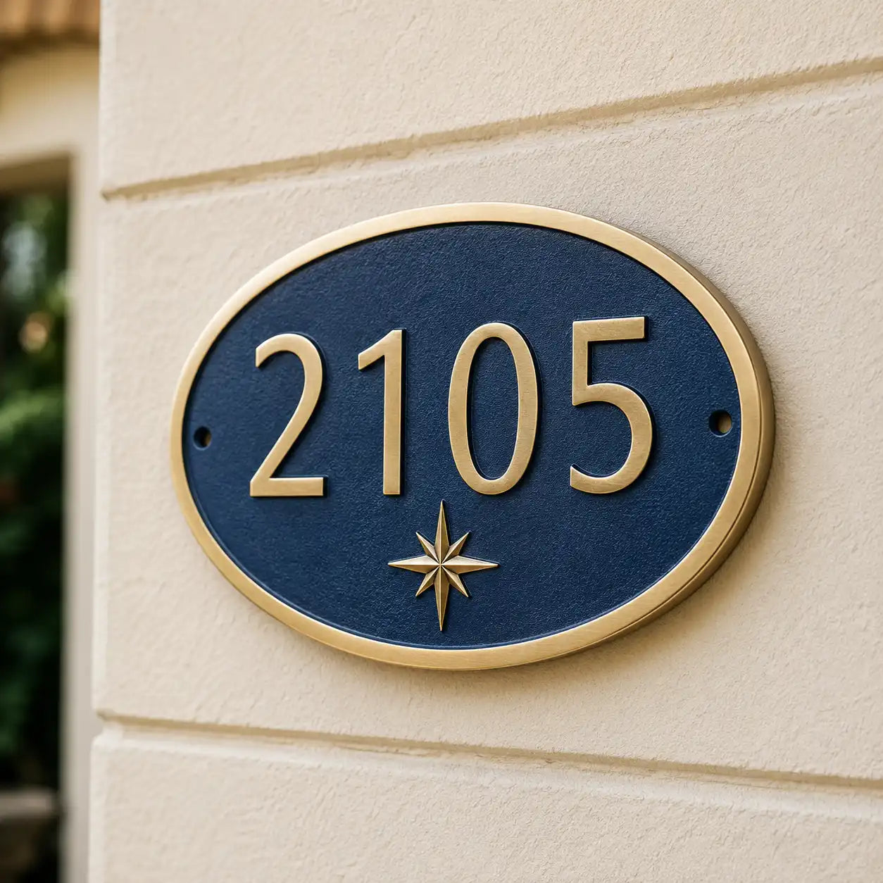 Personalized oval brass house number plaque for home entrance