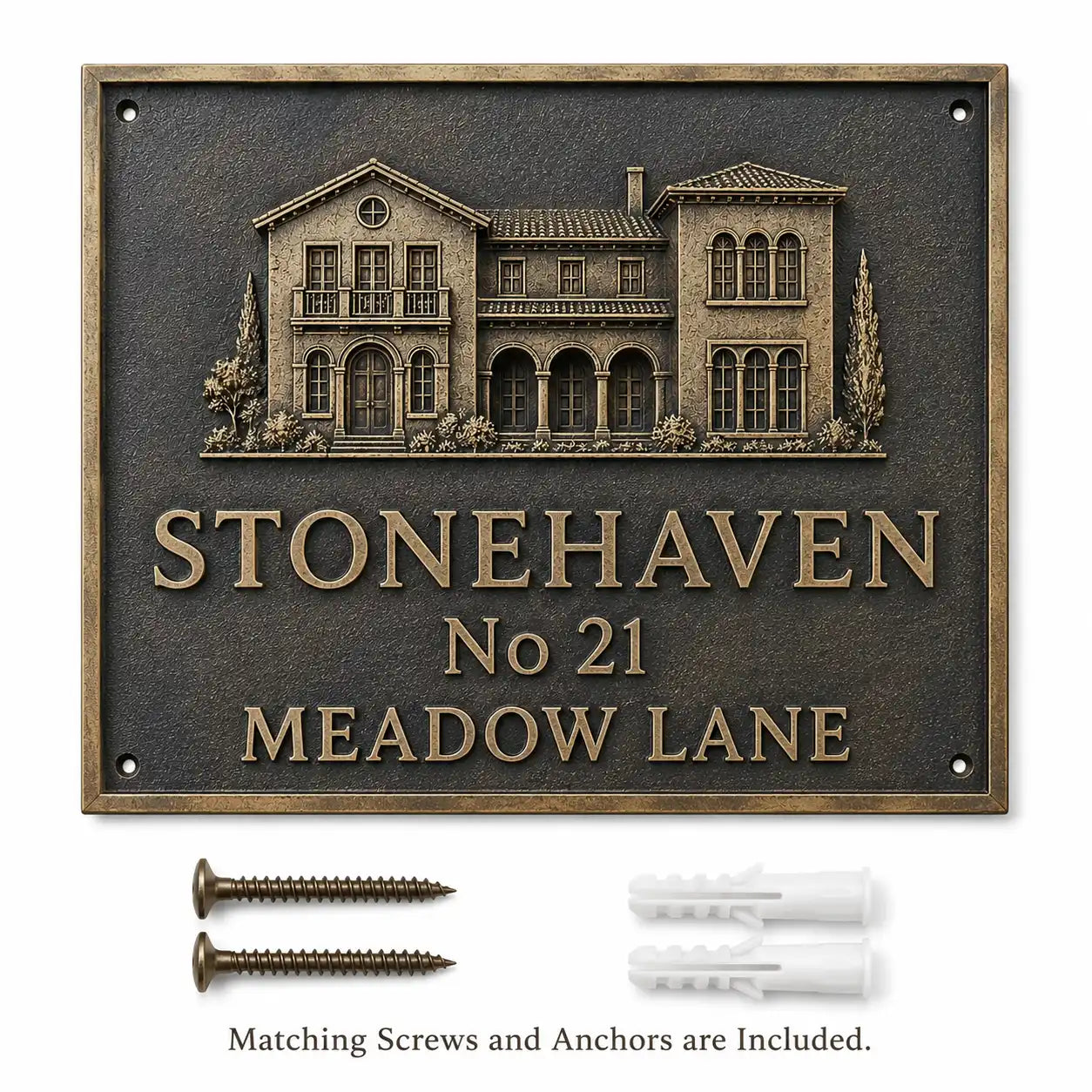 Bronze Name Plates with included screw and anchor set for secure wall mounting.