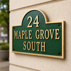 Personalized brass house number sign with elegant top arch design