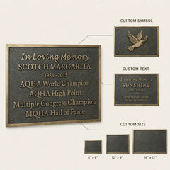 Custom Bronze Memorial Plaque infographic presenting engraved design options, plaque measurements and mounting choices.