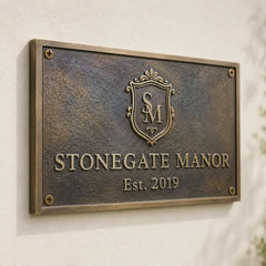 Personalized brass house plaque mounted on an exterior wall.
