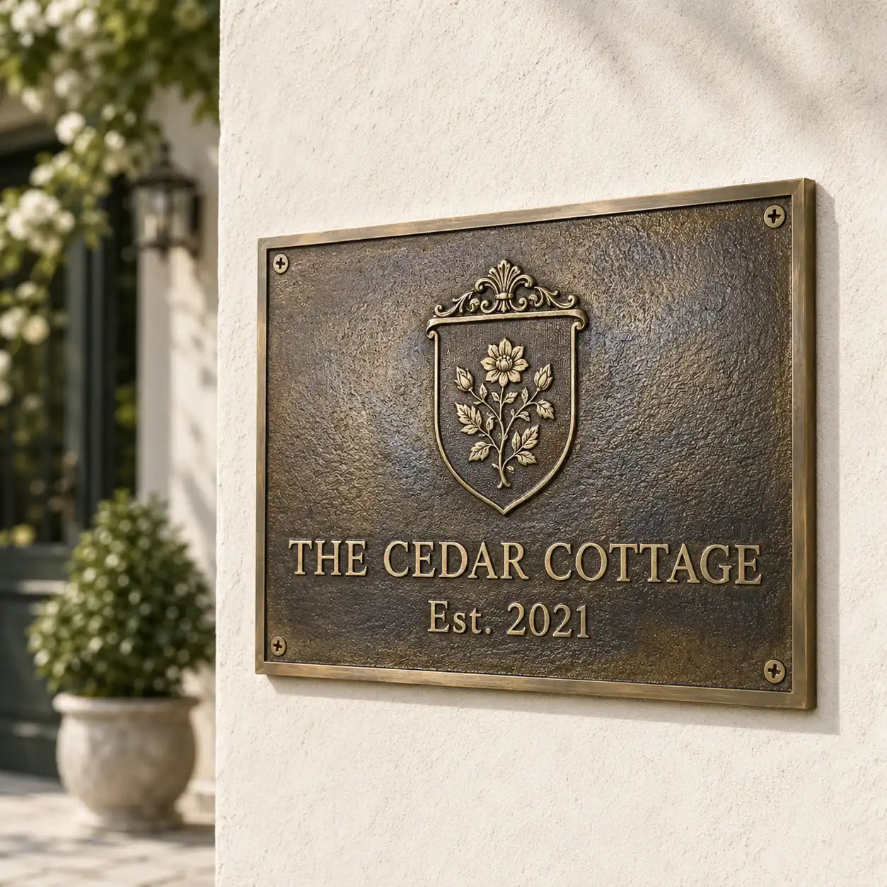 Custom brass nameplate with house number, polished lettering and classic border.