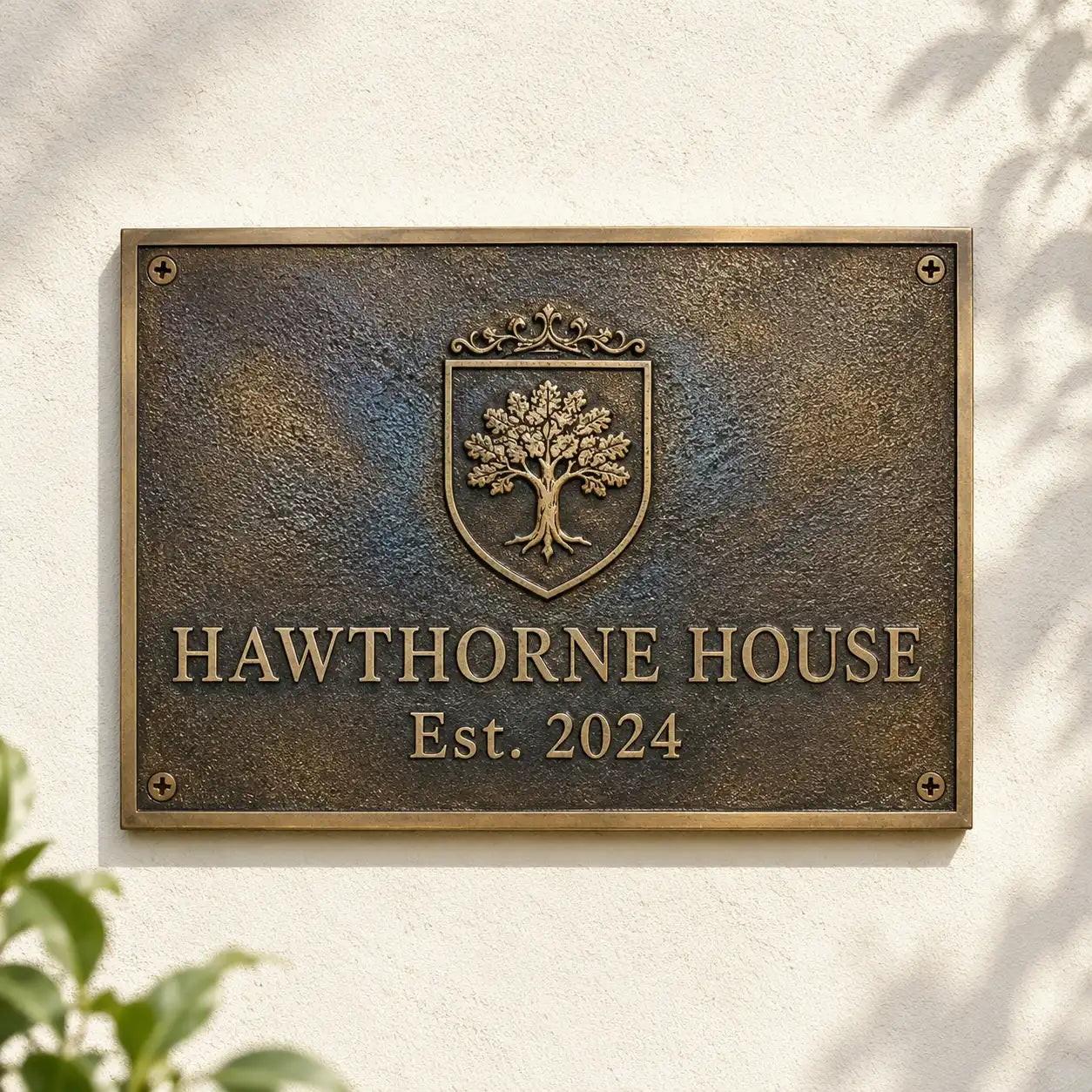 Antique-style brass address plaque personalized with property name and number.