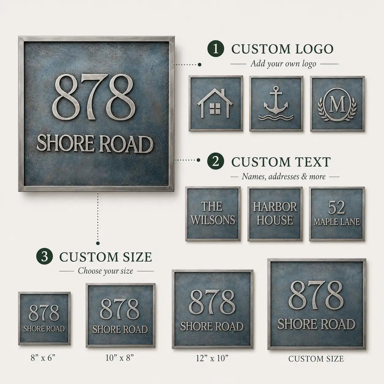 Cast Bronze Plaque infographic showing personalized text, available sizes, finish details and mounting options.