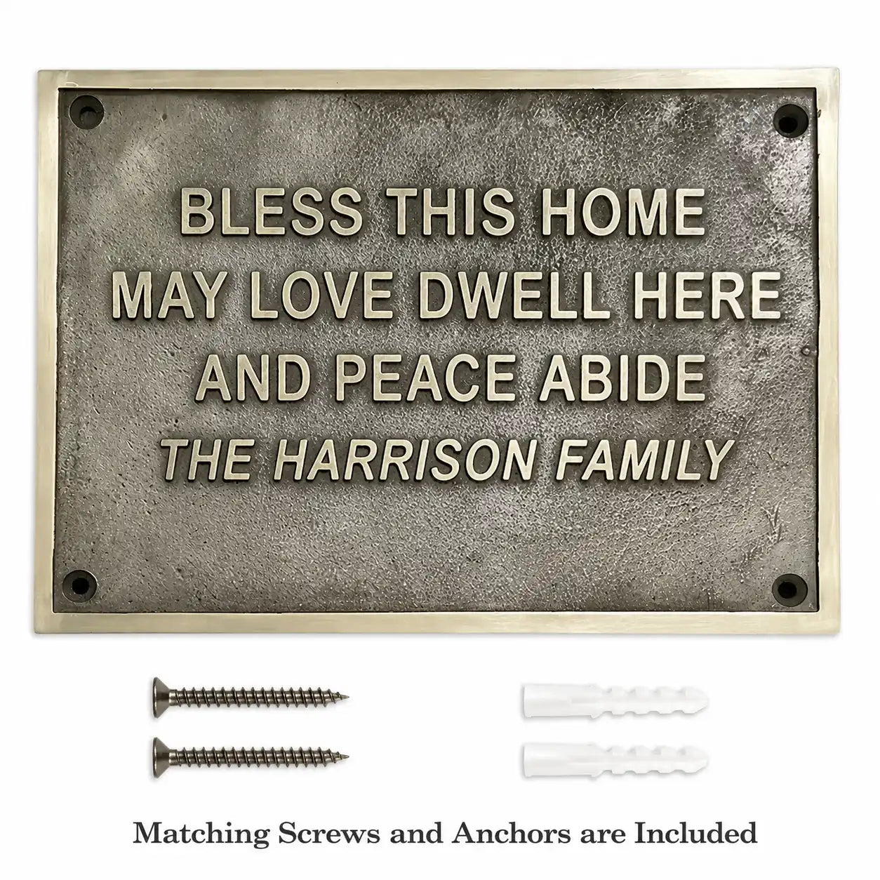 The premium brass house number plaque is shown with included fixing screws and wall anchors.