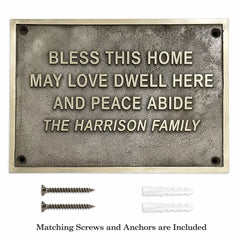 The premium brass house number plaque is shown with included fixing screws and wall anchors.