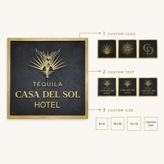 Custom brass address plaque infographic showing personalized house name, number, logo, premium metal finish, custom size options and outdoor use.