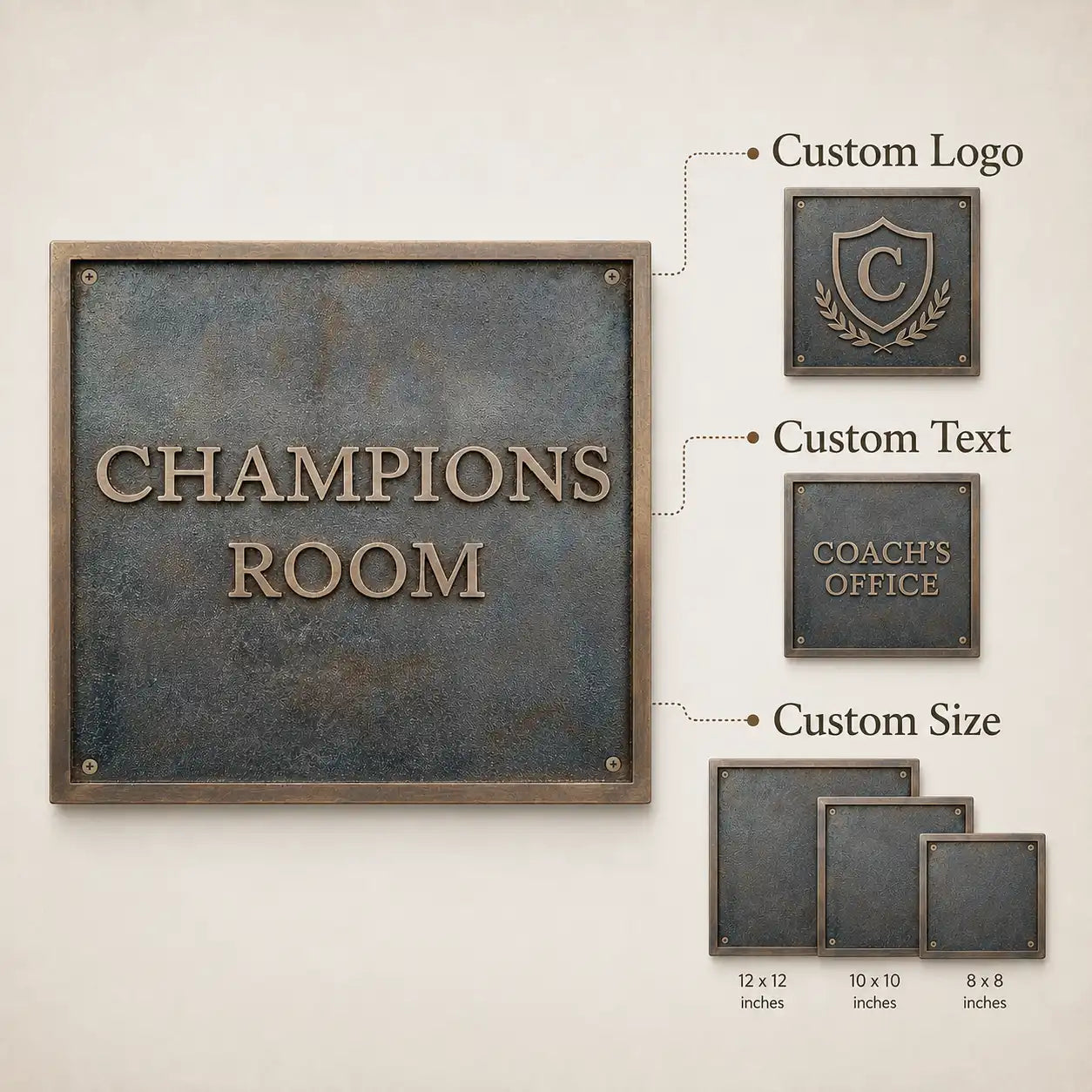 Bronze Address Plaque infographic presenting custom text options, antique bronze texture and exterior wall use.