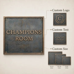 Bronze Address Plaque infographic presenting custom text options, antique bronze texture and exterior wall use.