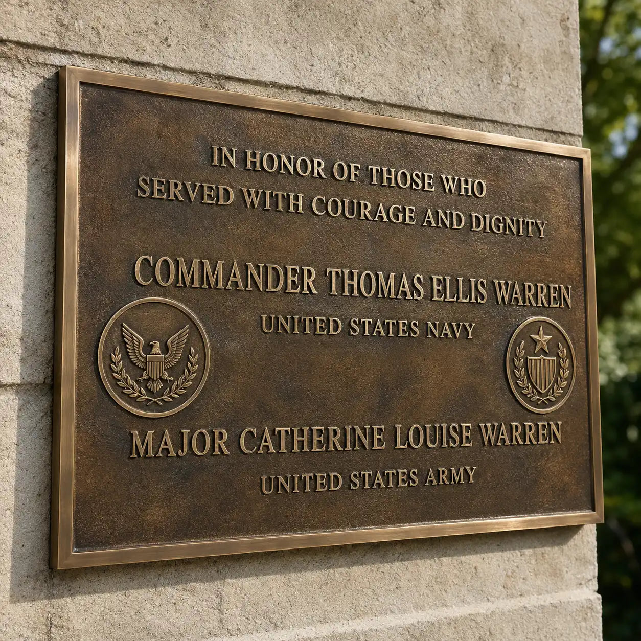 Custom bronze plaque with engraved text for outdoor display