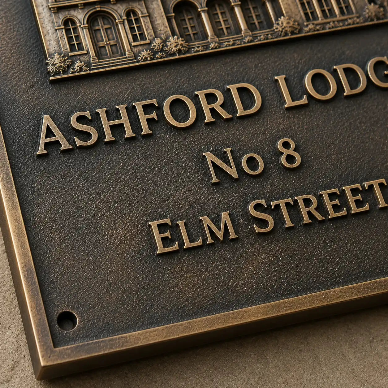 Bronze house number plaque with engraved address for outdoor use