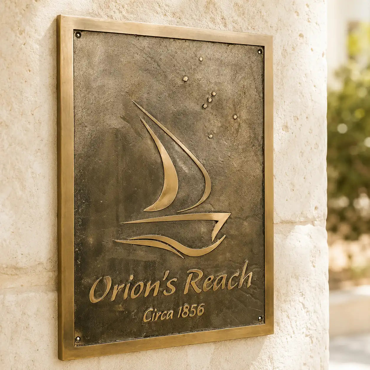 Custom bronze address plaque with sailboat design mounted on a light cream exterior wall