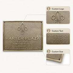 Custom Bronze Memorial Plaque infographic showing a personalized engraved commemorative sign with custom text, size options and mounting details.