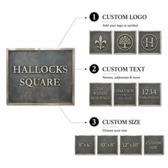 Custom brass house plaque infographic featuring personalized text, address details, decorative border and outdoor durability.
