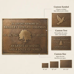 Custom Bronze Memorial Plaque infographic displaying engraved memorial details, durable construction, and wall-mounting information.
