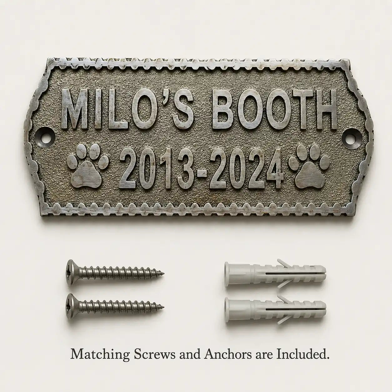 Engraved brass door sign presented with screws and anchors for secure wall or door mounting