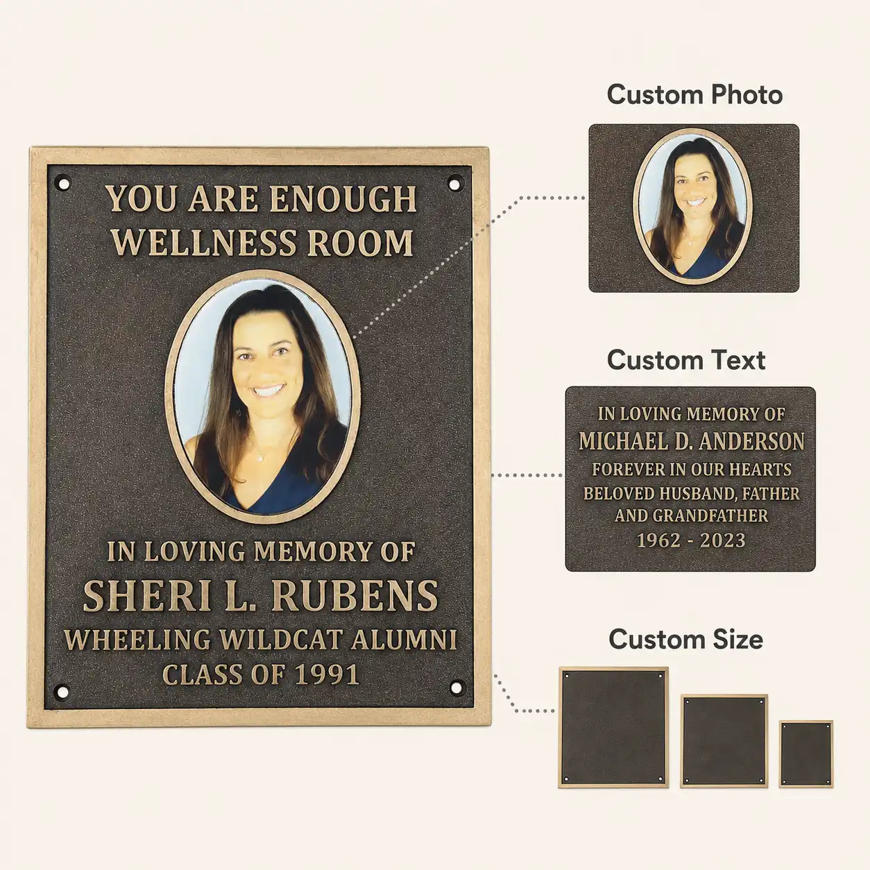 Bronze memorial plaque with engraved picture and personalized inscription infographic showing custom design, sizes and mounting details.