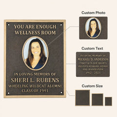 Bronze memorial plaque with engraved picture and personalized inscription infographic showing custom design, sizes and mounting details.