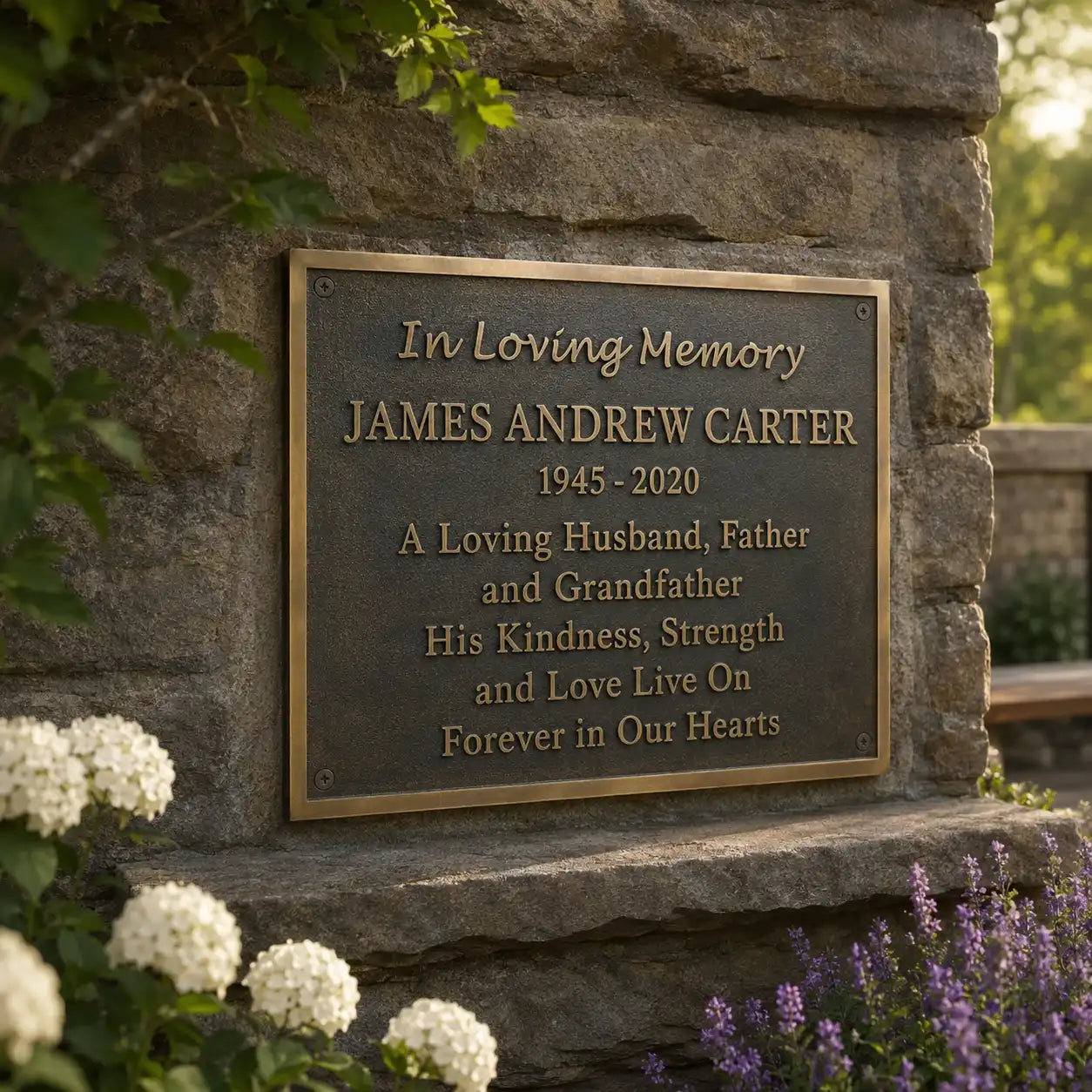 Personalized bronze memorial plaque with engraved inscription