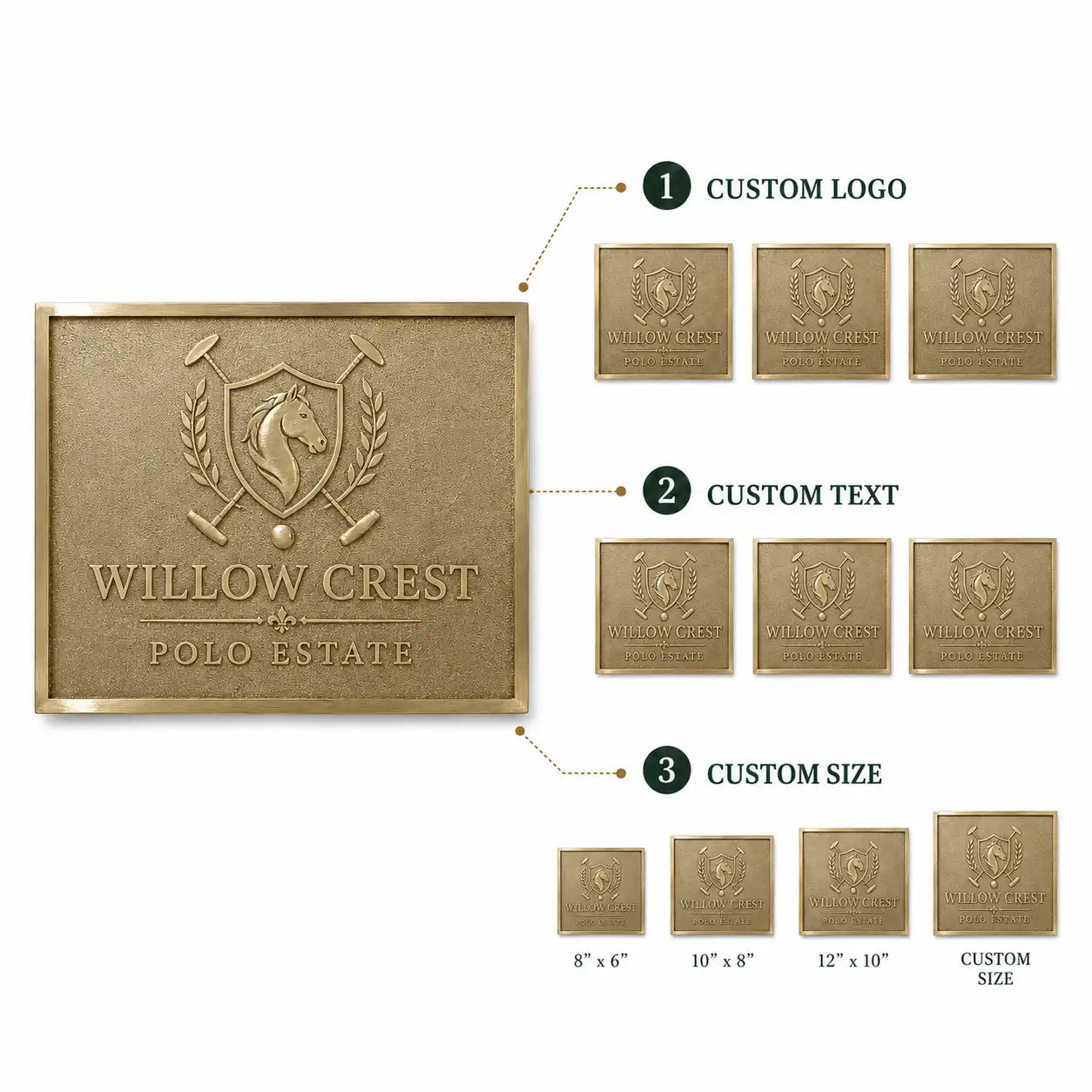 Premium gold brass plaque for office and home shown in an infographic with custom design, size and finish options.