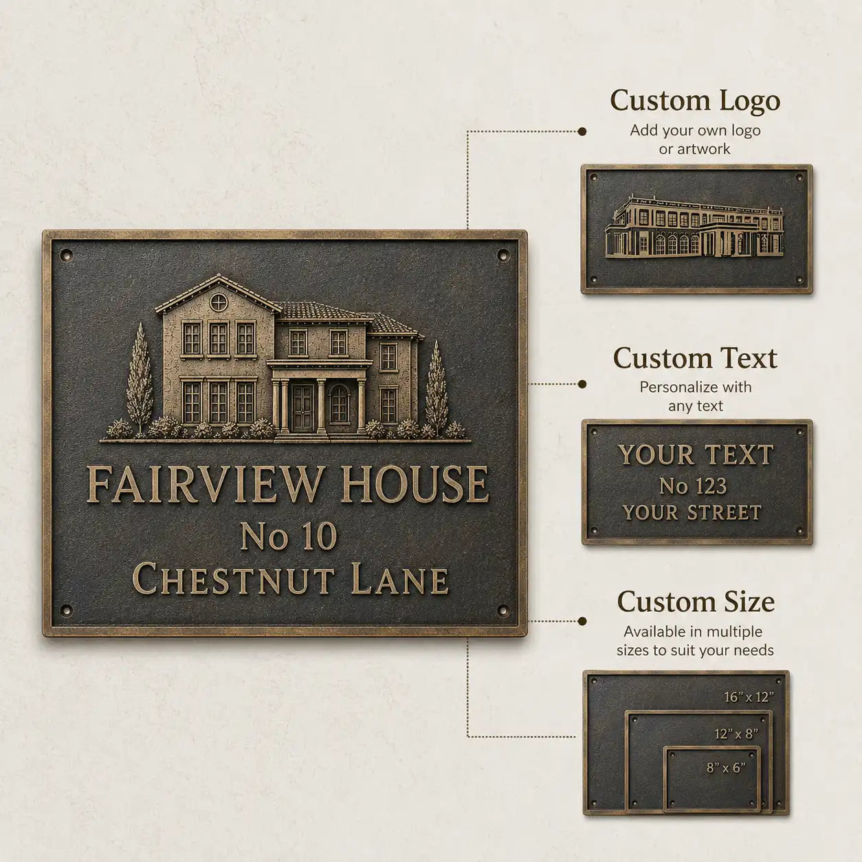 Personalized Bronze Plaque for Home Office and Outdoor infographic showing key features, customization and mounting options.