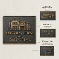 Personalized Bronze Plaque for Home Office and Outdoor infographic showing key features, customization and mounting options.