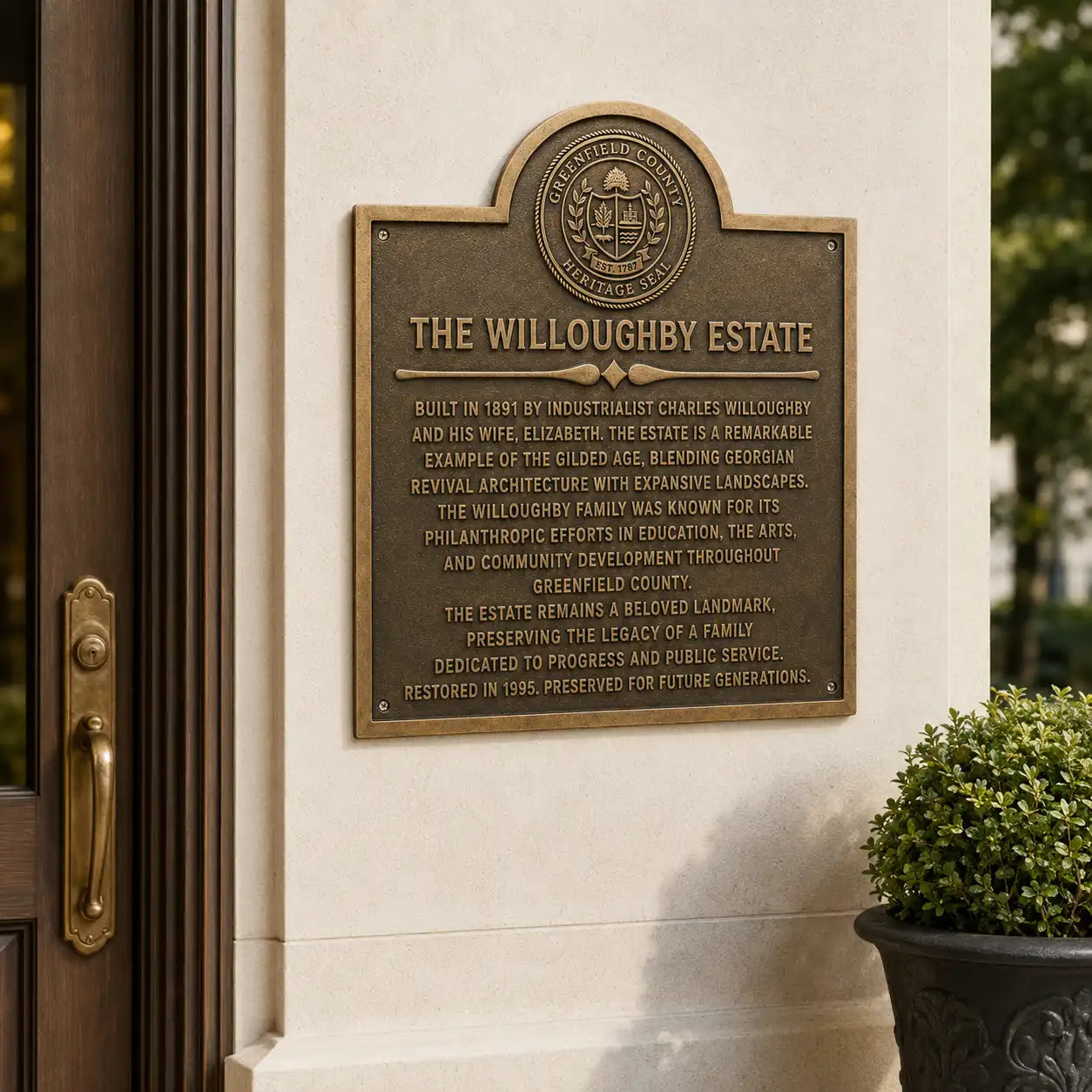Historic house sign with engraved brass or bronze finish