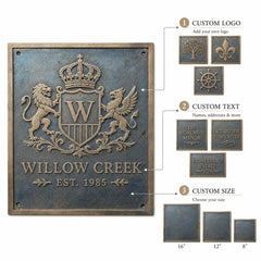 Outdoor address plaque infographic featuring personalized house details, finish choices, mounting options and handcrafted metal texture.