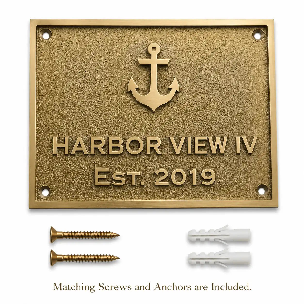 Personalized Custom Engraved Brass Plaque shown with included screws and wall anchors on a clean background.