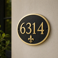 Oval brass address sign with personalized house number engraving