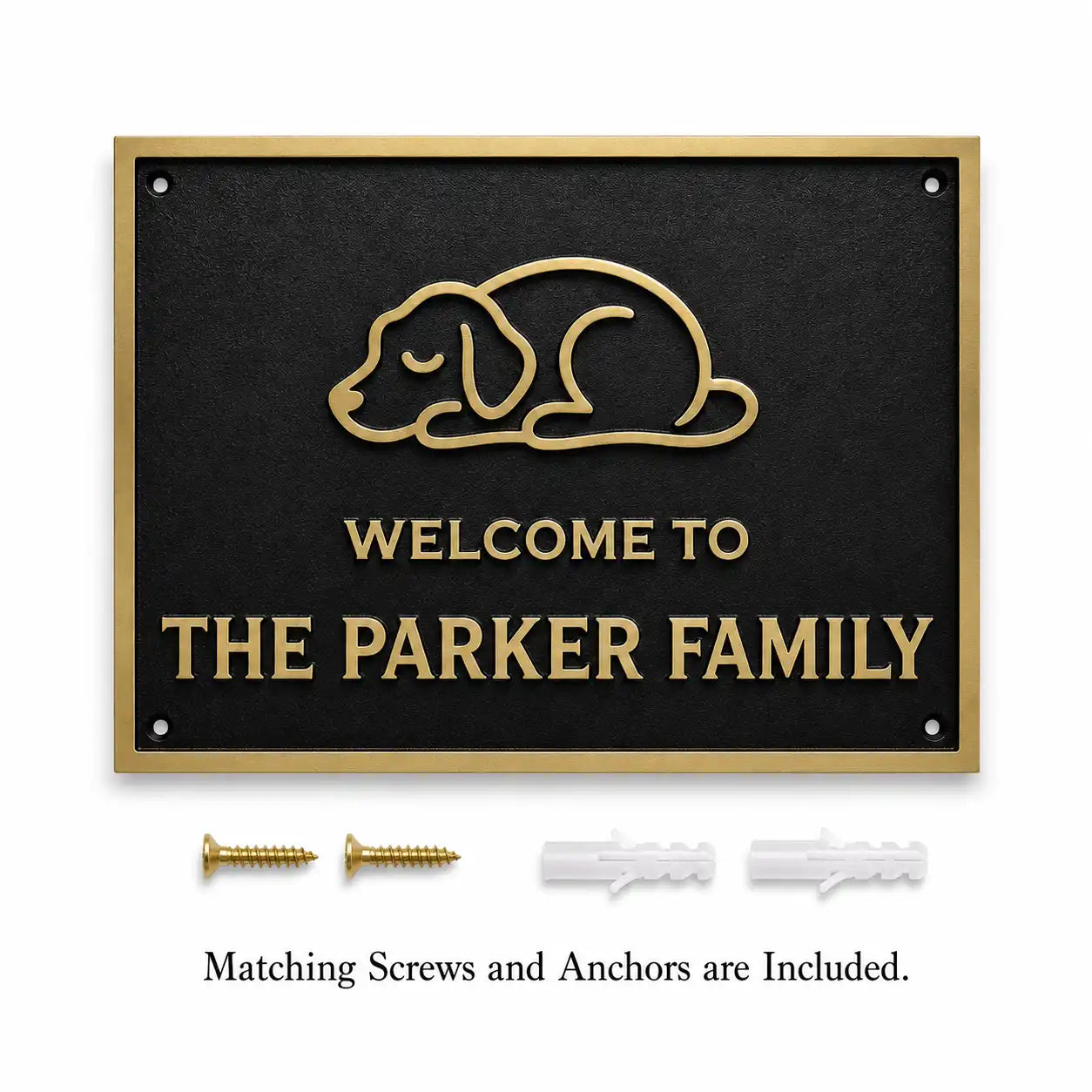 Personalized Custom Engraved Brass Plaque displayed with complete mounting hardware for easy wall fixing.