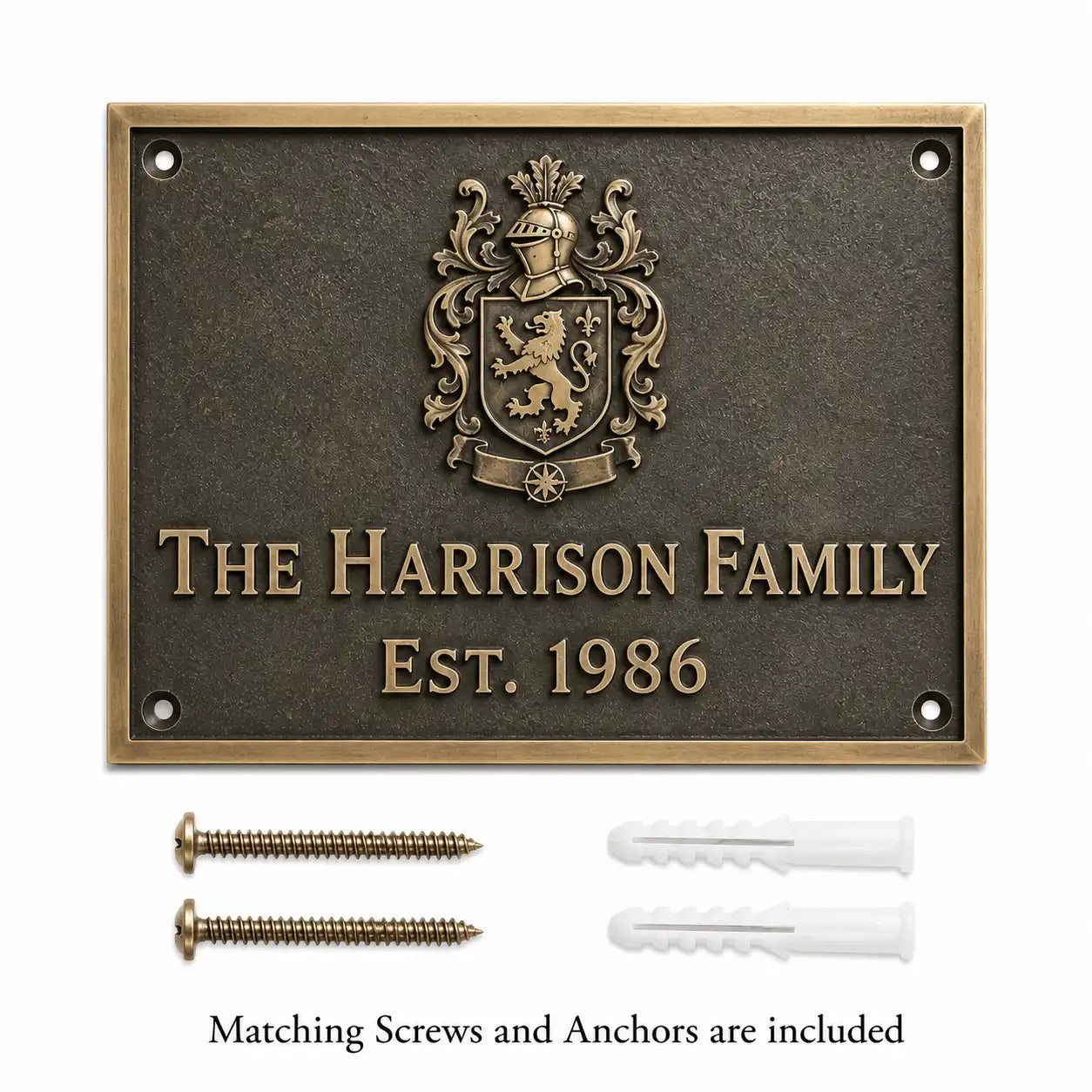 Brass House Number Plaque presented with mounting holes, screws and wall anchors for installation.