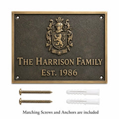 Brass House Number Plaque presented with mounting holes, screws and wall anchors for installation.