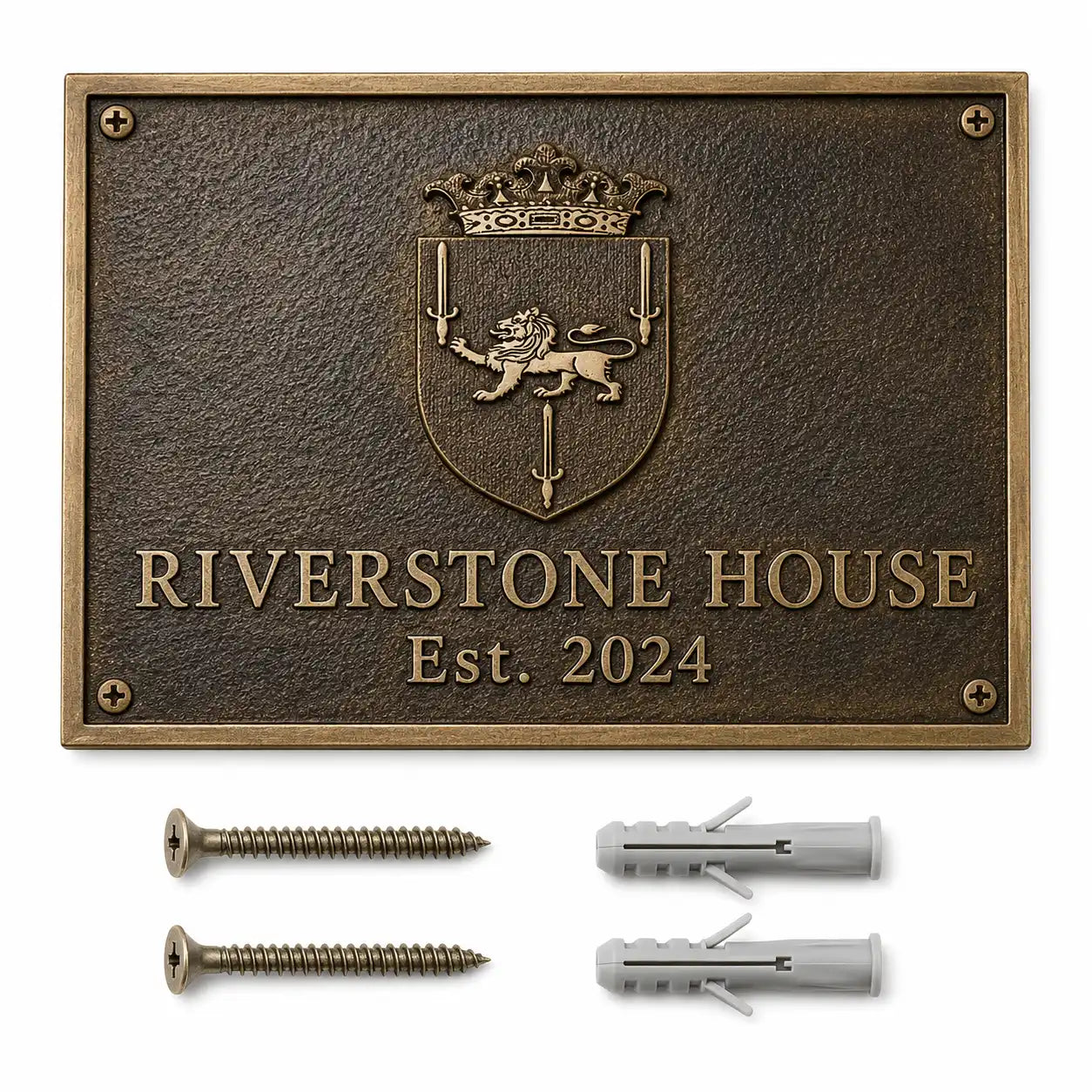 Custom brass address plaque with two mounting screws and two wall anchors arranged for easy wall installation.