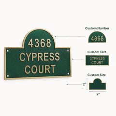 Custom Brass Door Sign feature infographic showing key specifications, personalized design and indoor or outdoor use.
