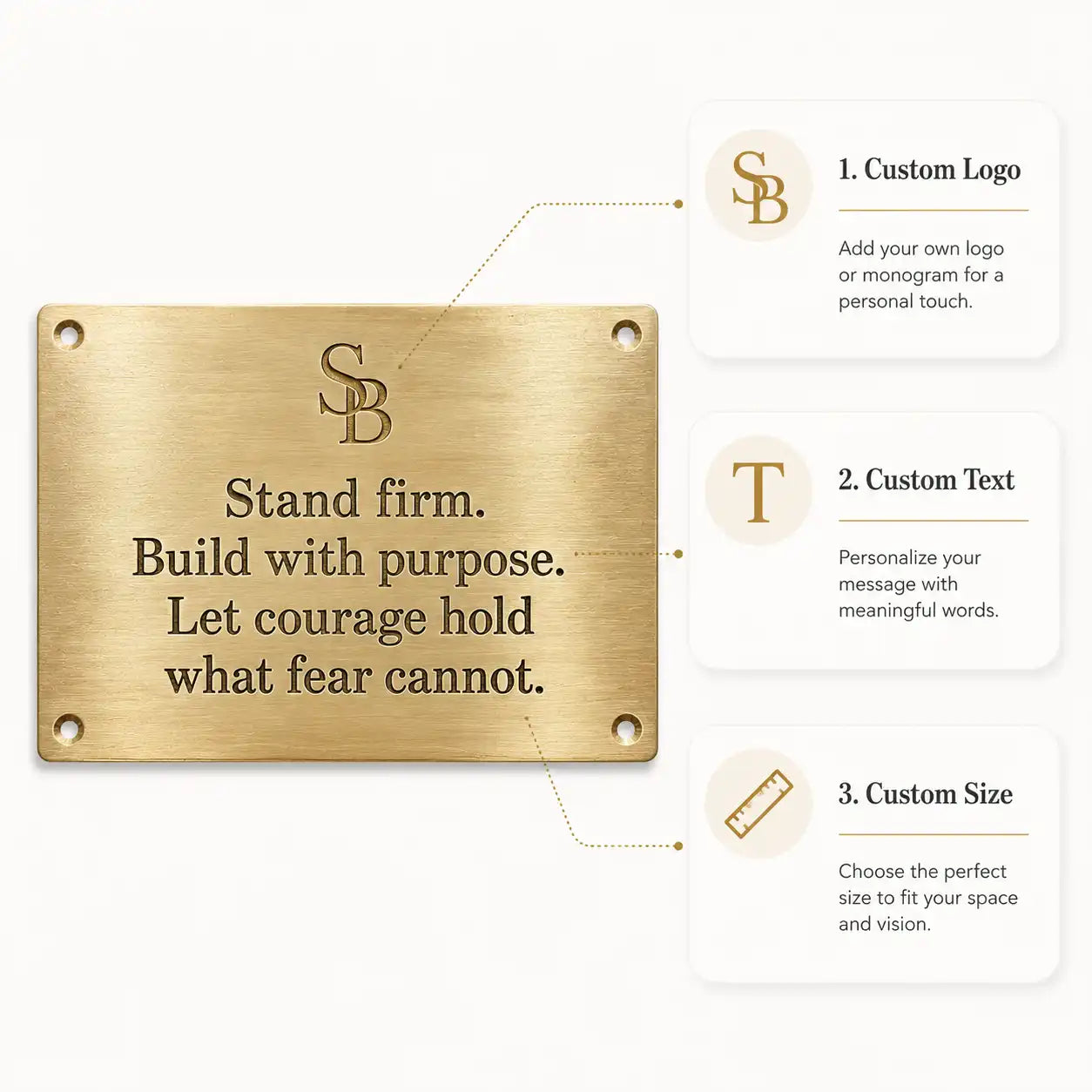 Custom Engraved Brass Plaques infographic showing personalized text, available sizes, finish options and mounting details.