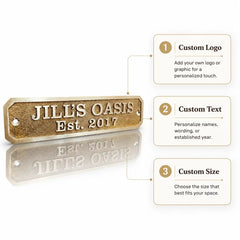 Custom Brass Address Sign infographic showing personalized engraved house number, custom name plaque, size options and mounting details.