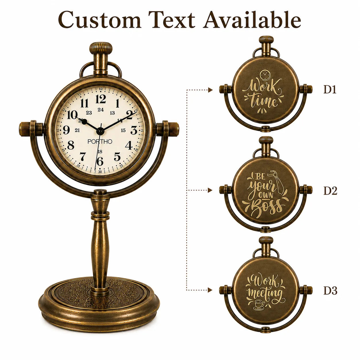 An antique-style desk clock with a round brass-colored metal frame and stand, shown alongside three customization options for the clock face text. The main clock features a white dial with black numbers and hands, and the text 'PORTHO' is visible on the dial.