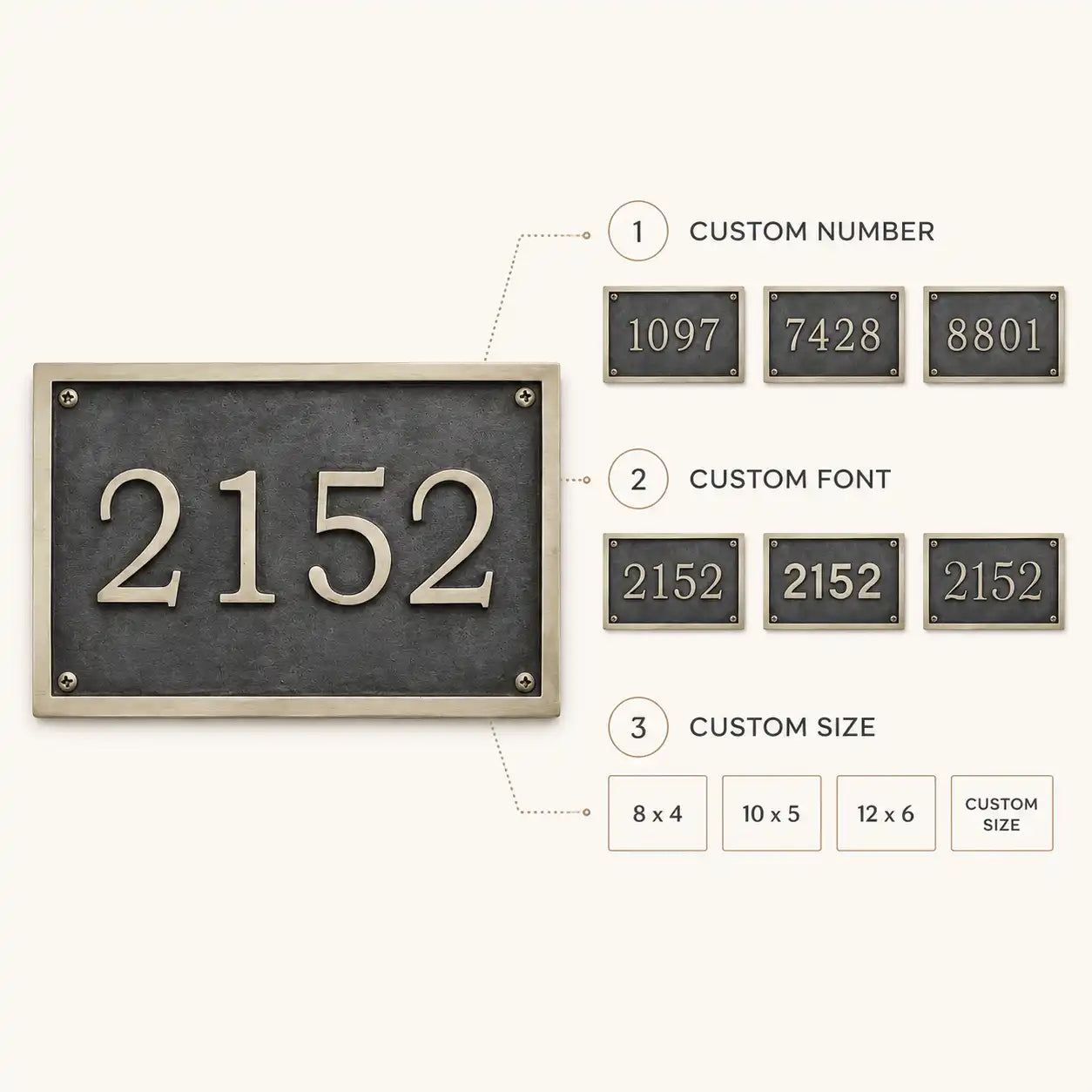 Custom brass address plaque infographic showing personalized house name, number, logo, premium metal finish, custom size options and outdoor use.