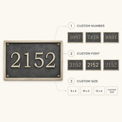 Custom brass address plaque infographic showing personalized house name, number, logo, premium metal finish, custom size options and outdoor use.