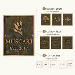 Custom brass address plaque infographic showing personalized house name, number, logo, premium metal finish, custom size options and outdoor use.