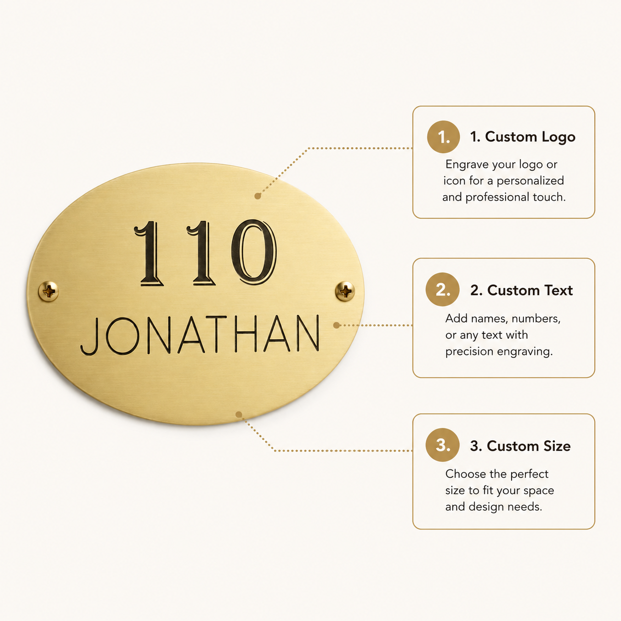 Oval Brass Plaques infographic showing personalized text, custom sizes, finish details and mounting options.