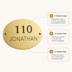 Oval Brass Plaques infographic showing personalized text, custom sizes, finish details and mounting options.
