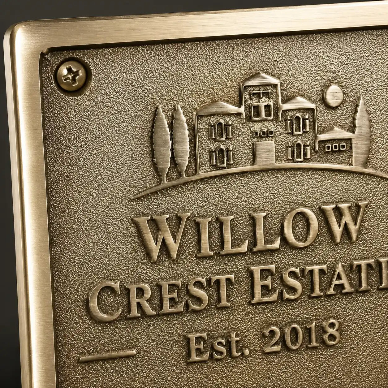 Handcrafted brass name plaque with family name and address