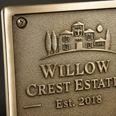 Handcrafted brass name plaque with family name and address